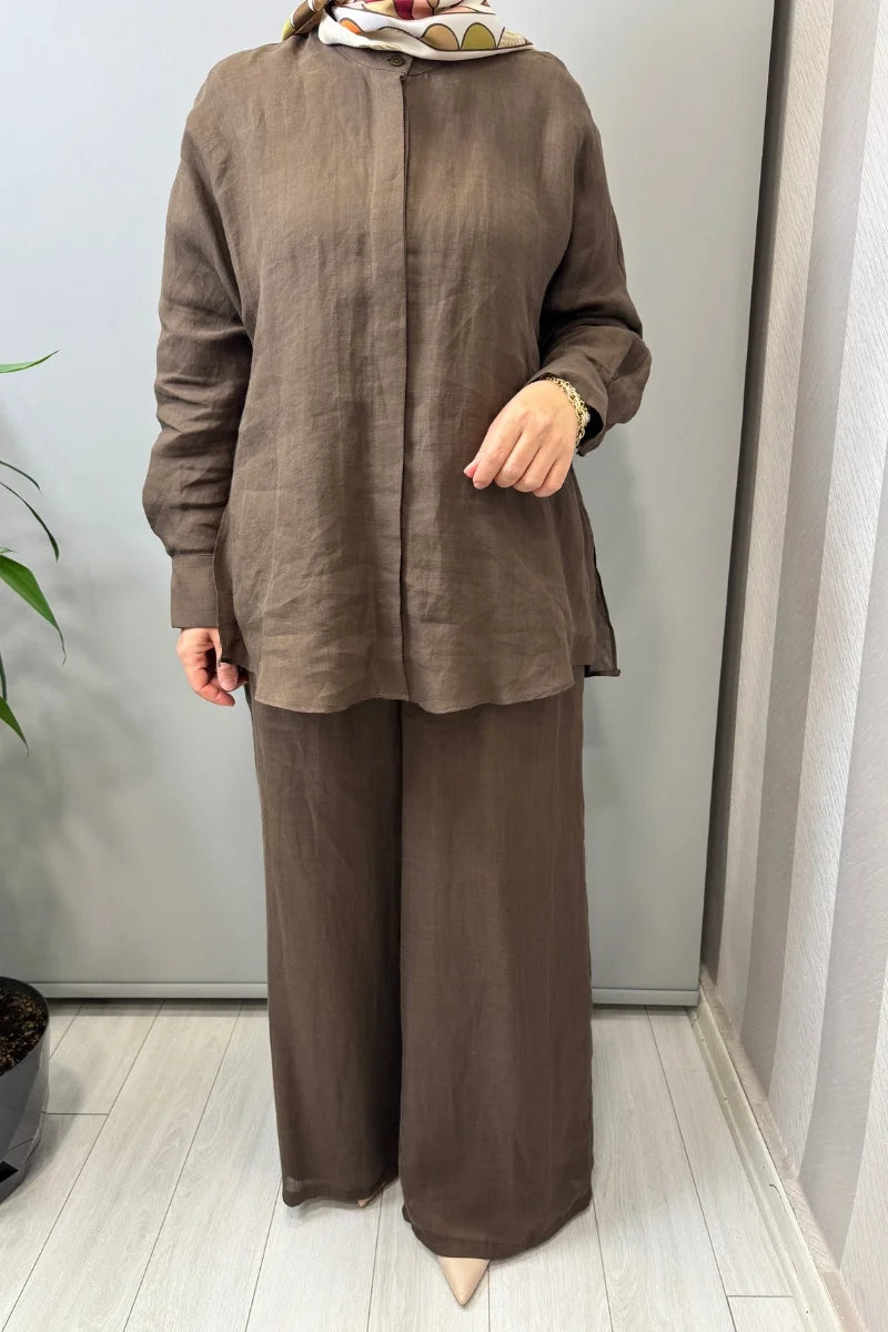 Almarwah Astarlı Keten Pantolon 606124 - Kahve - Görsel 3 