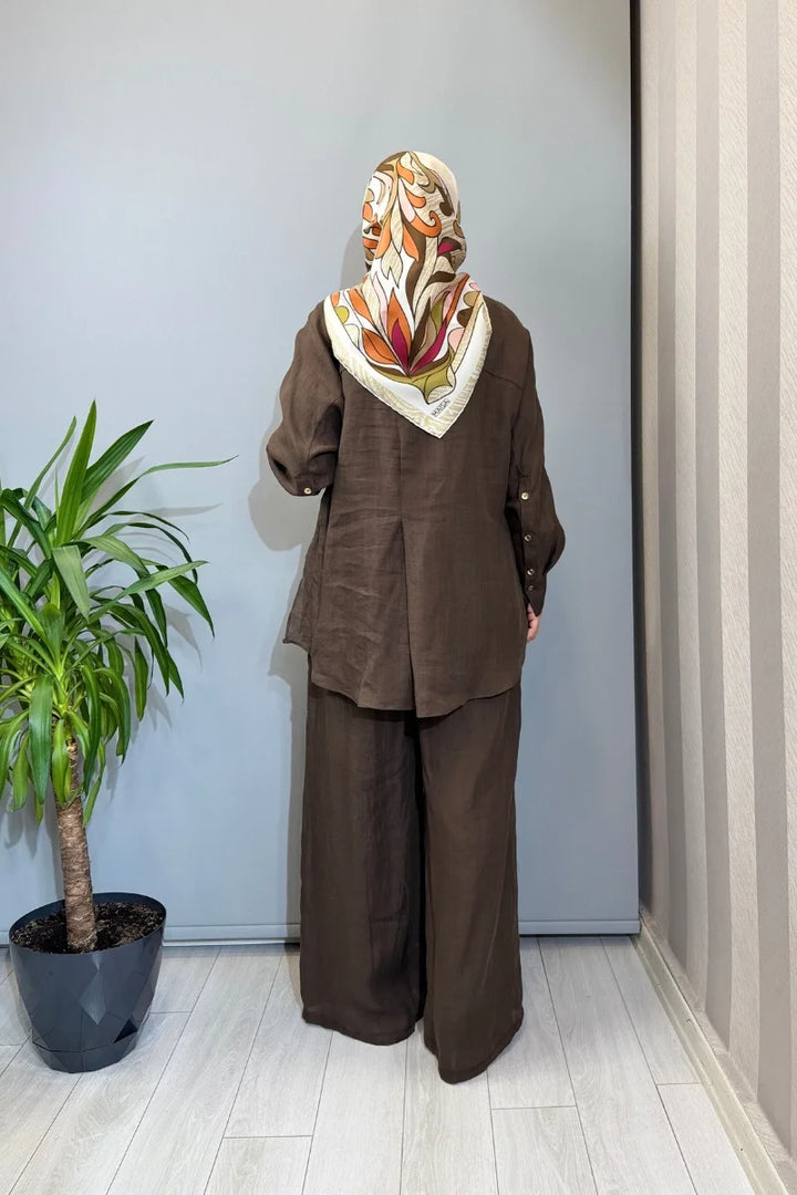 Almarwah Astarlı Keten Pantolon 606124 - Kahve - Görsel 4 