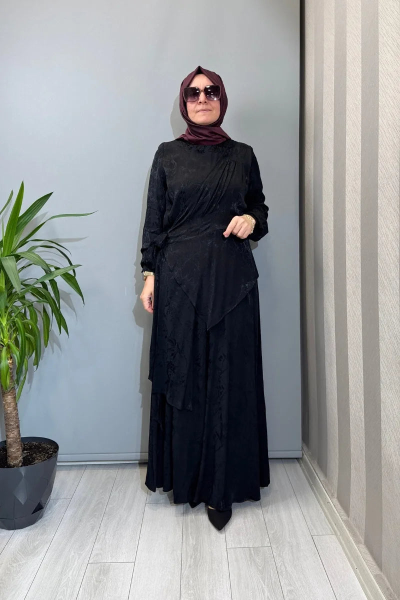 Almarwah Tek Omuz Yelek Detaylı Elbise 905008 - Siyah - Görsel 1 #renk_siyah