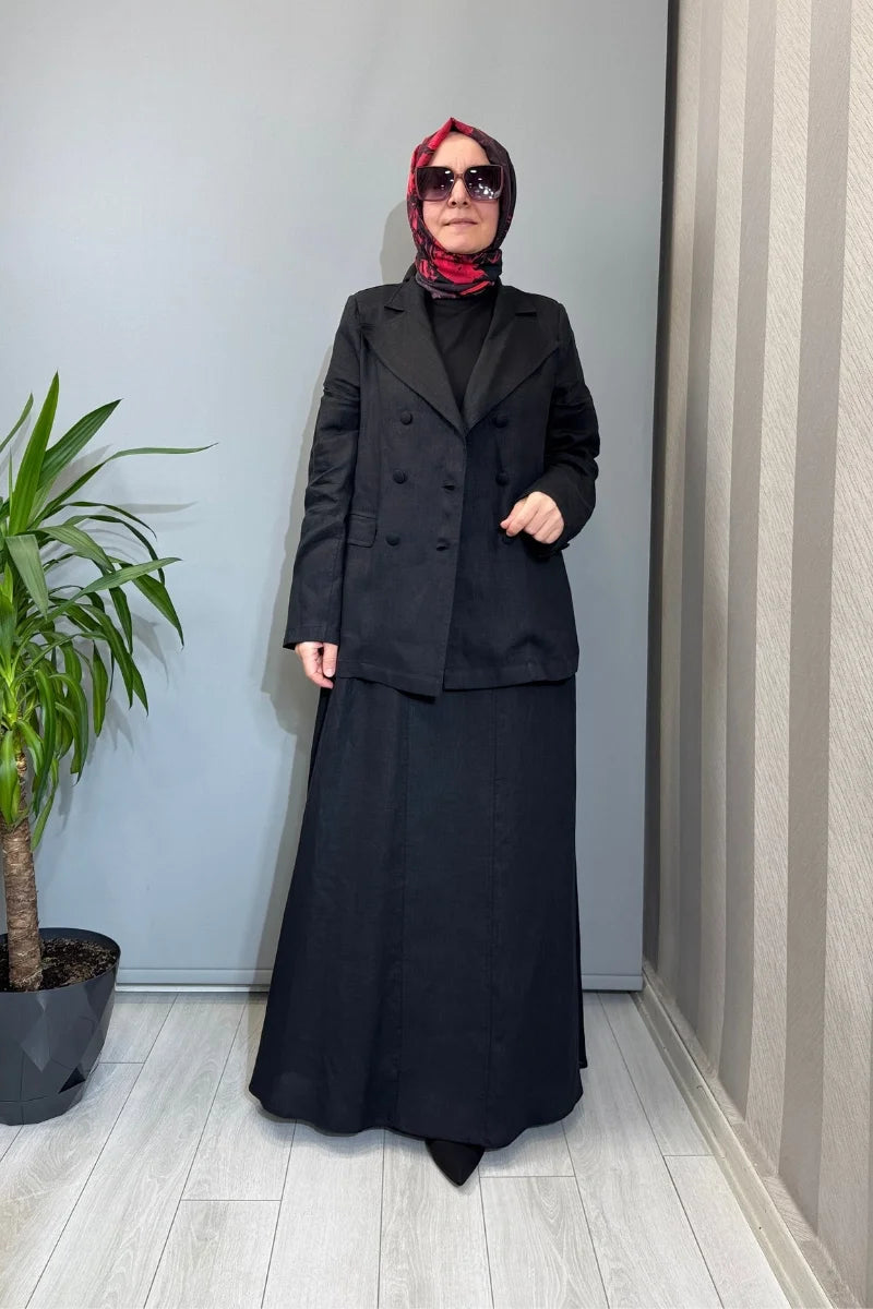 Miss Dalida Triko Korsajlı Düz Renk Keten Etek 2262256 - Siyah - Görsel 2 #renk_siyah