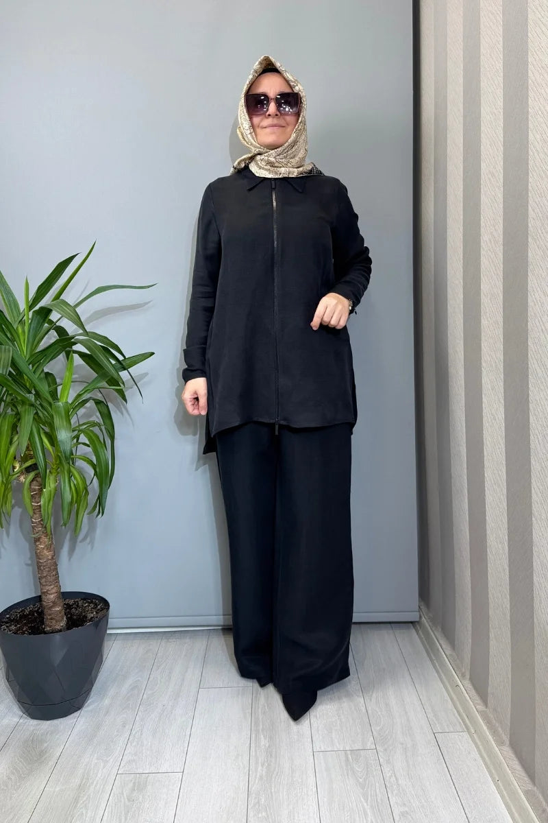 Miss Dalida Önü Fermuarlı İpek Keten Gömlek 2266352 - Siyah - Görsel 1 #renk_siyah