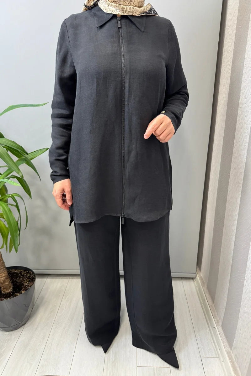 Miss Dalida Önü Fermuarlı İpek Keten Gömlek 2266352 - Siyah - Görsel 4 