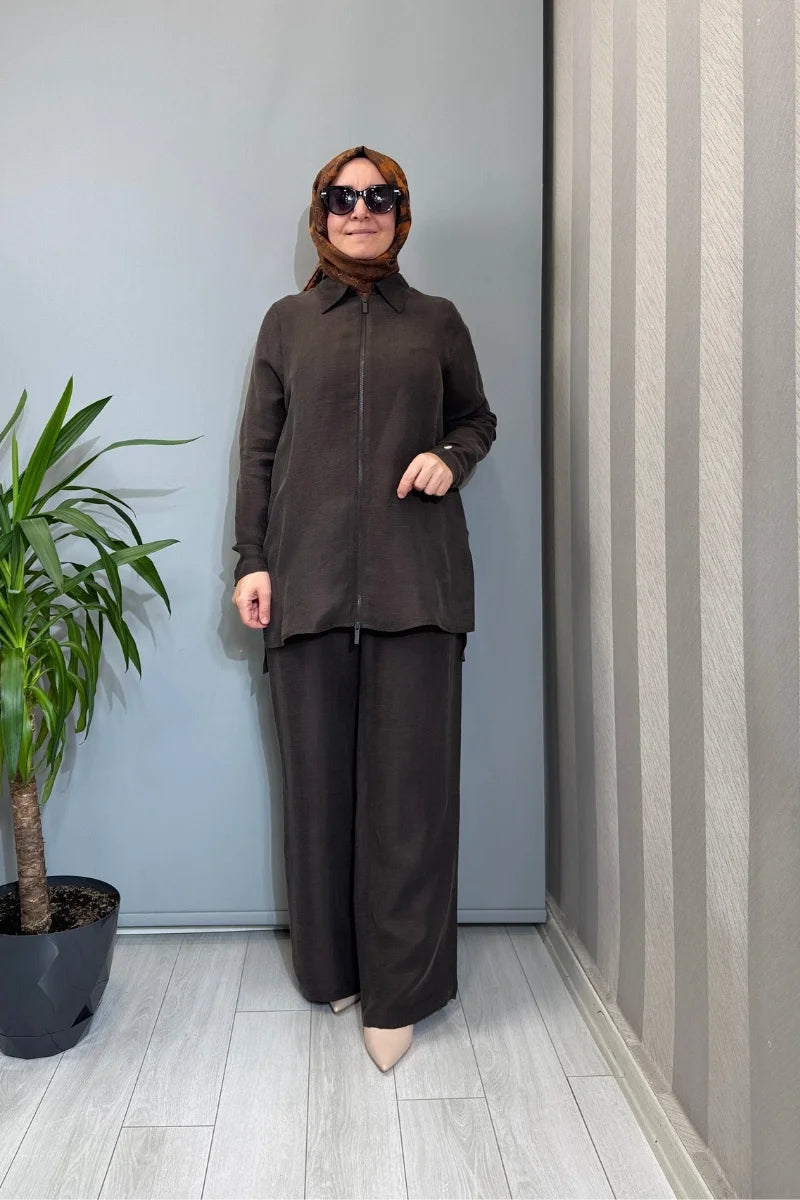 Miss Dalida Önü Fermuarlı İpek Keten Gömlek 2266352 - Kahve - Görsel 1 