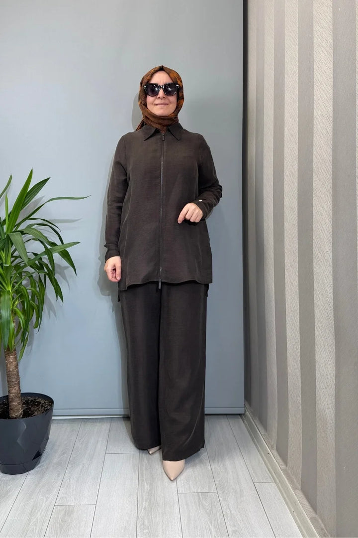 Miss Dalida Önü Fermuarlı İpek Keten Gömlek 2266352 - Kahve - Görsel 1 