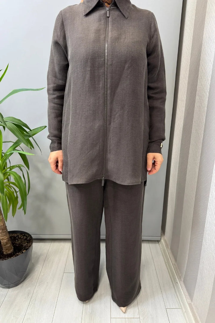 Miss Dalida Önü Fermuarlı İpek Keten Gömlek 2266352 - Kahve - Görsel 4 