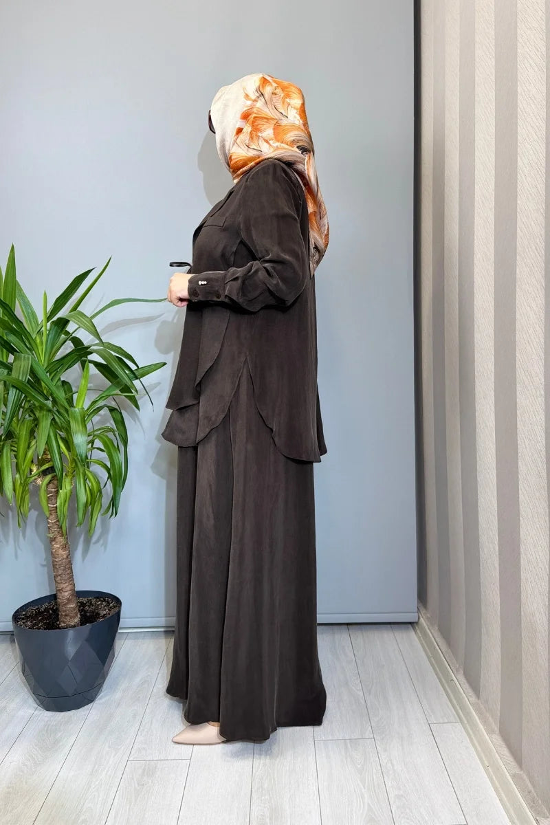 Miss Dalida Bağlama Detaylı Keten Ceket-Elbise Takım 2260252 - Kahve - Görsel 2 #renk_kahve