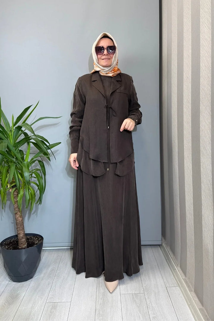 Miss Dalida Bağlama Detaylı Keten Ceket-Elbise Takım 2260252 - Kahve - Görsel 1 