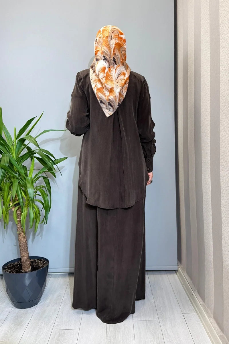 Miss Dalida Bağlama Detaylı Keten Ceket-Elbise Takım 2260252 - Kahve - Görsel 3 