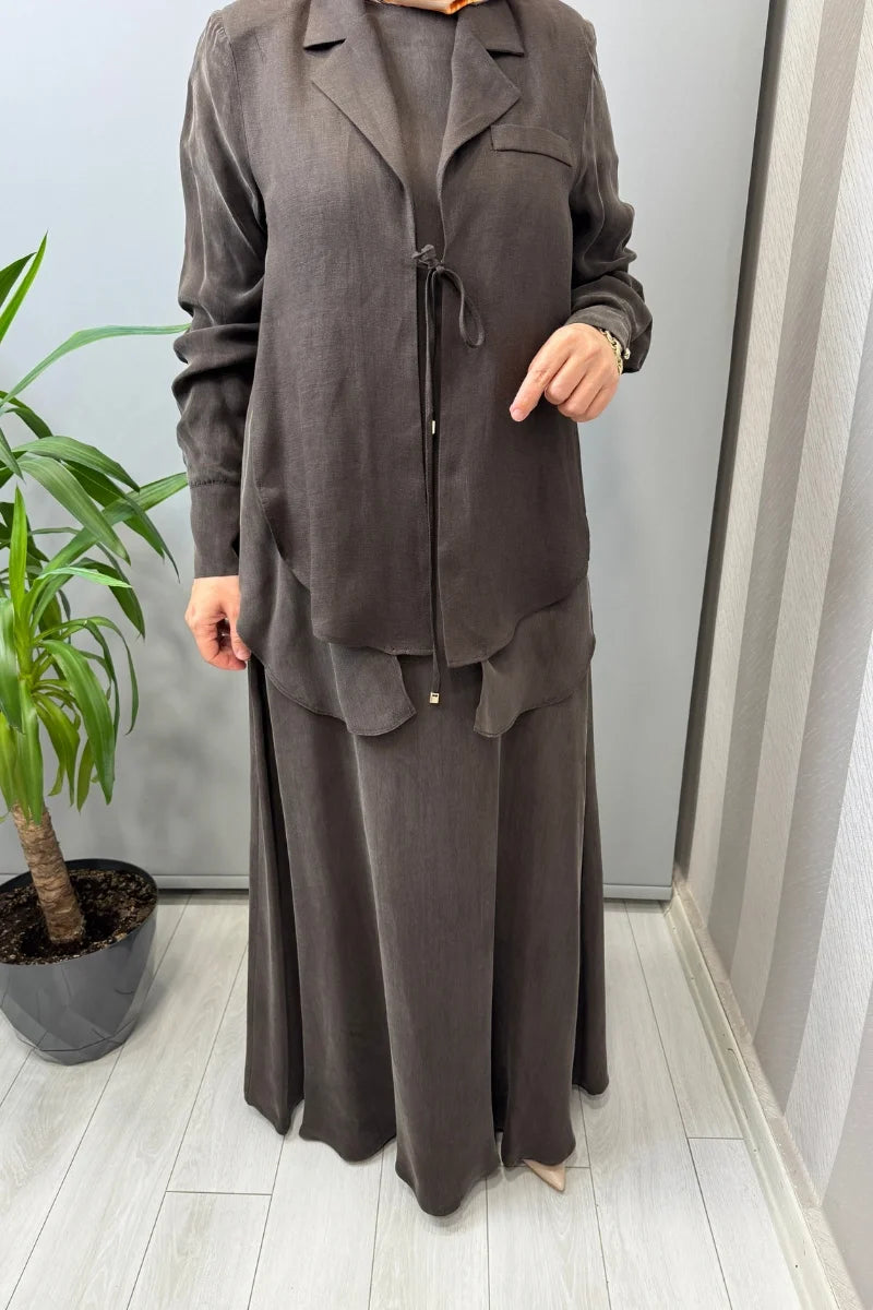 Miss Dalida Bağlama Detaylı Keten Ceket-Elbise Takım 2260252 - Kahve - Görsel 4 