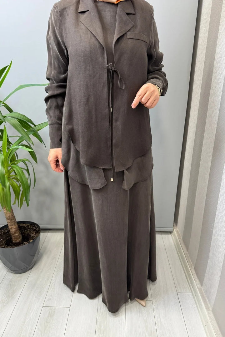 Miss Dalida Bağlama Detaylı Keten Ceket-Elbise Takım 2260252 - Kahve - Görsel 4 
