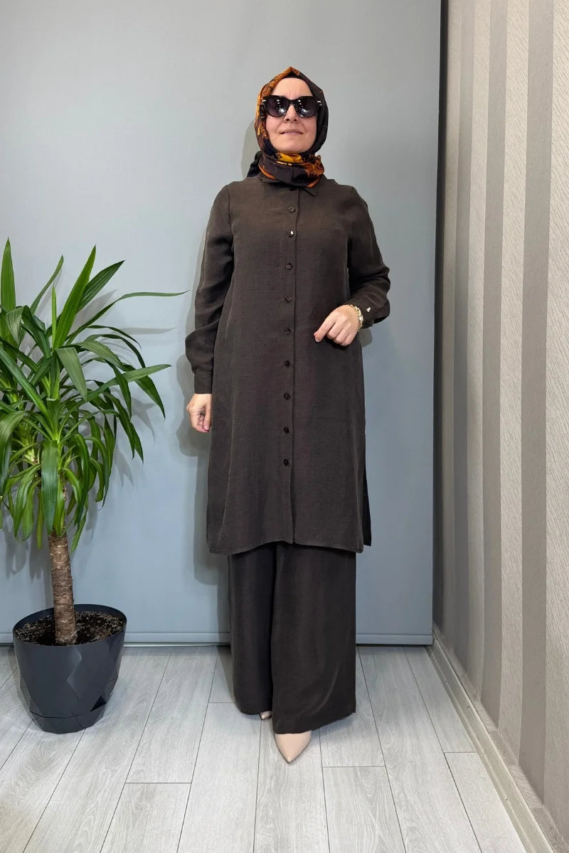 Miss Dalida İpek Keten Uzun Gömlek 2263351 - Kahve - Görsel 1 #renk_kahve