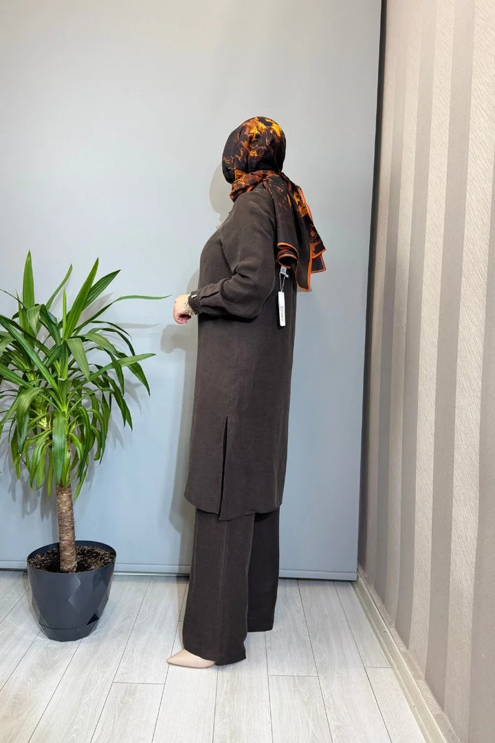 Miss Dalida İpek Keten Uzun Gömlek 2263351 - Kahve - Görsel 2 