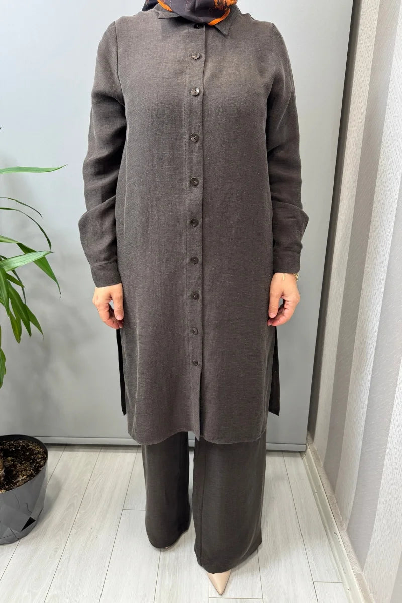 Miss Dalida İpek Keten Uzun Gömlek 2263351 - Kahve - Görsel 4 