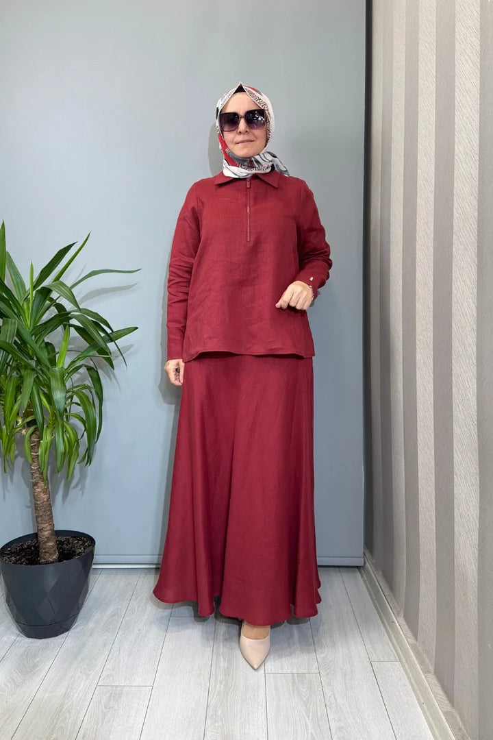 Miss Dalida Etek-Gömlek Keten Takım Kırmızı 2262258- 2266255 - Kırmızı - Görsel 1 