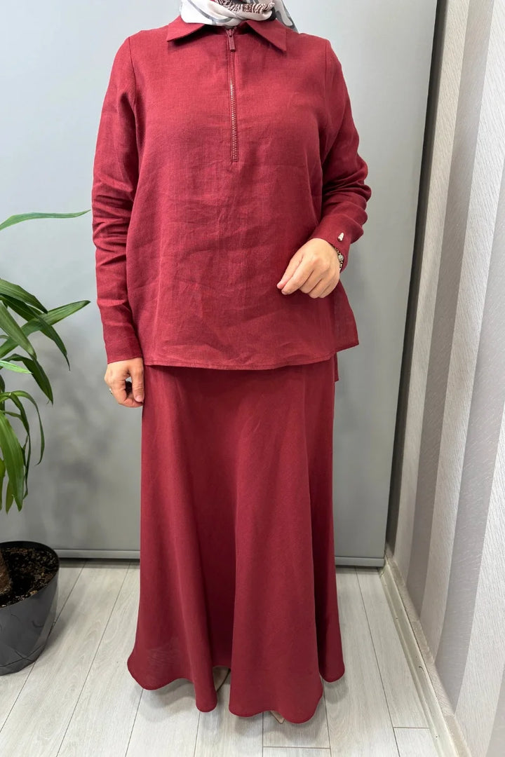 Miss Dalida Etek-Gömlek Keten Takım Kırmızı 2262258- 2266255 - Kırmızı - Görsel 4 