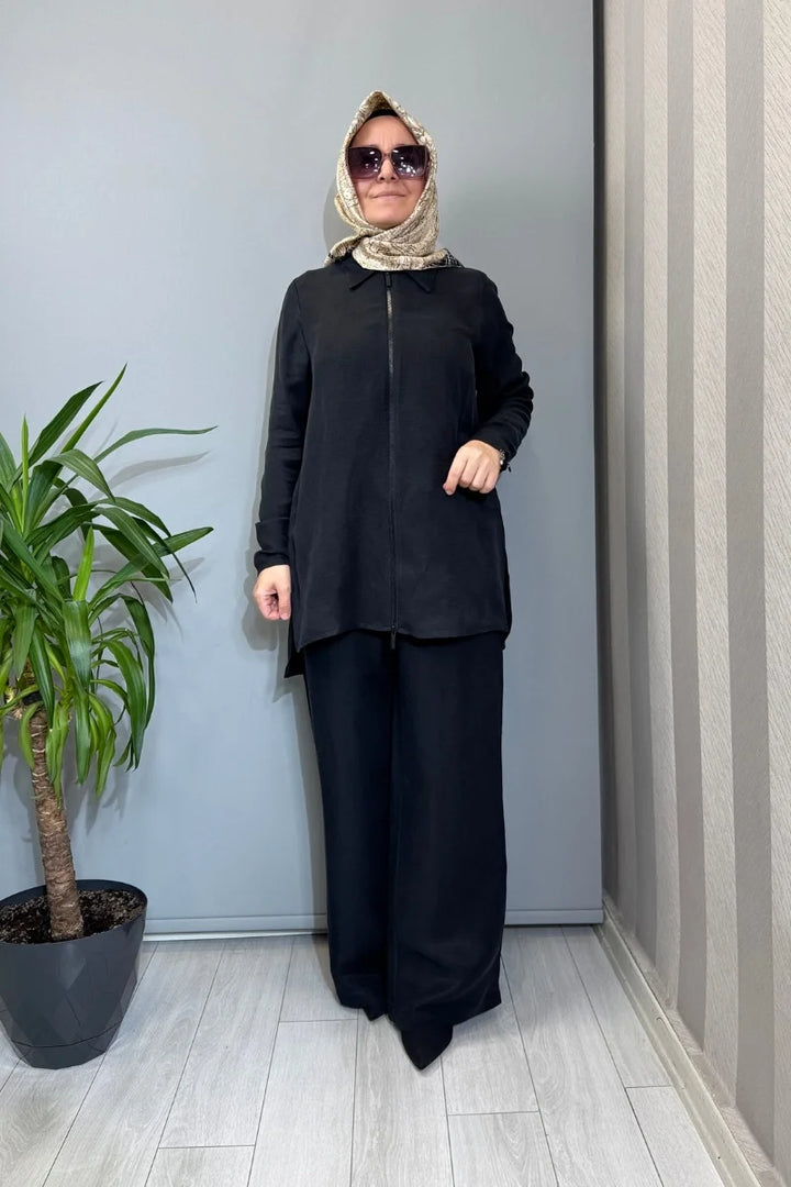 Miss Dalida Cepli İpek Keten Bol Paça Pantolon 2267351 - Siyah - Görsel 2 