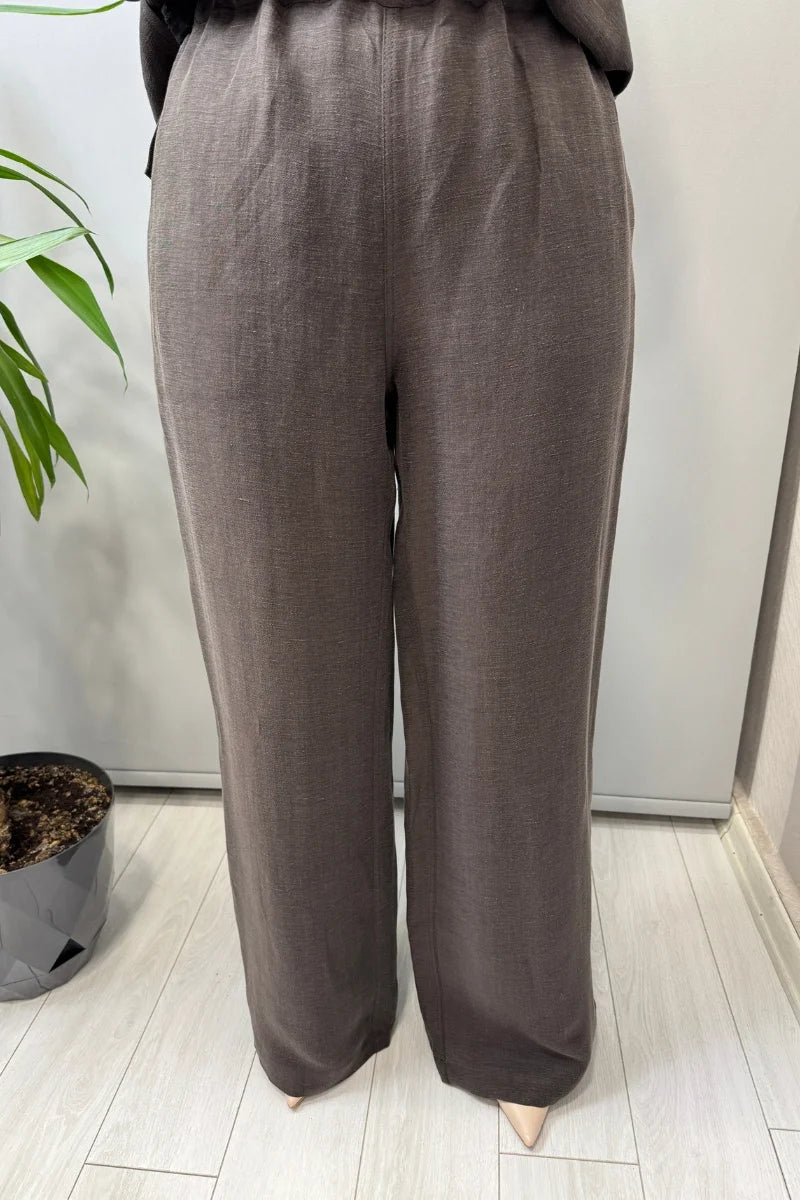 Miss Dalida Cepli İpek Keten Bol Paça Pantolon 2267351 - Kahve - Görsel 1 