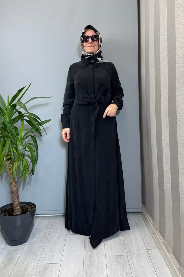 Miss Dalida Ön Kısmı Bağlama Detaylı Cupro İpek Elbise Siyah T26Y- 4026