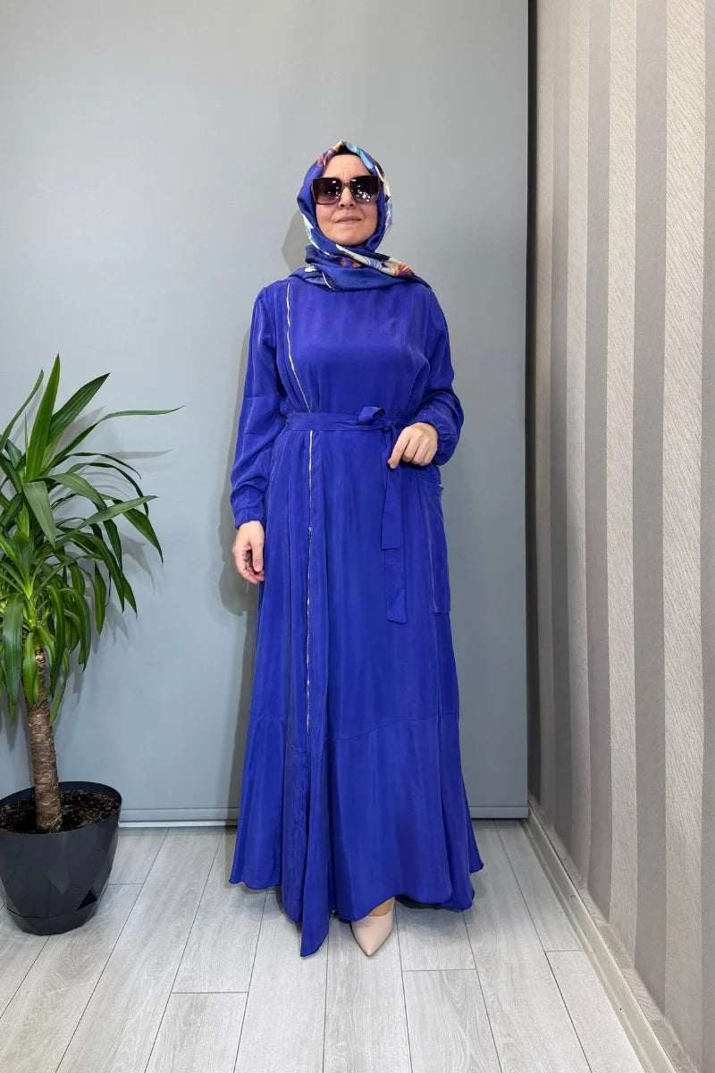 Misswhence Fermuar Detaylı Cupro İpek Elbise 39809 - Saks - Görsel 1 
