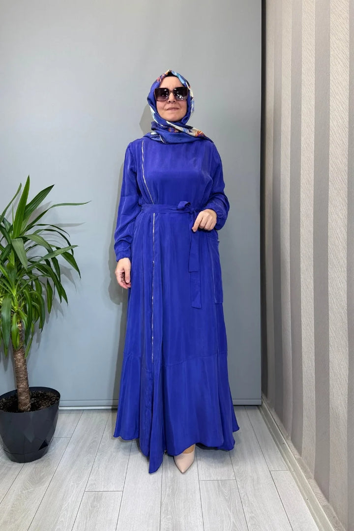 Misswhence Fermuar Detaylı Cupro İpek Elbise 39809 - Saks - Görsel 1 