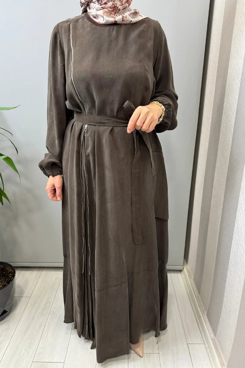 Misswhence Fermuar Detaylı Cupro İpek Elbise 39809 - Kahve - Görsel 4 