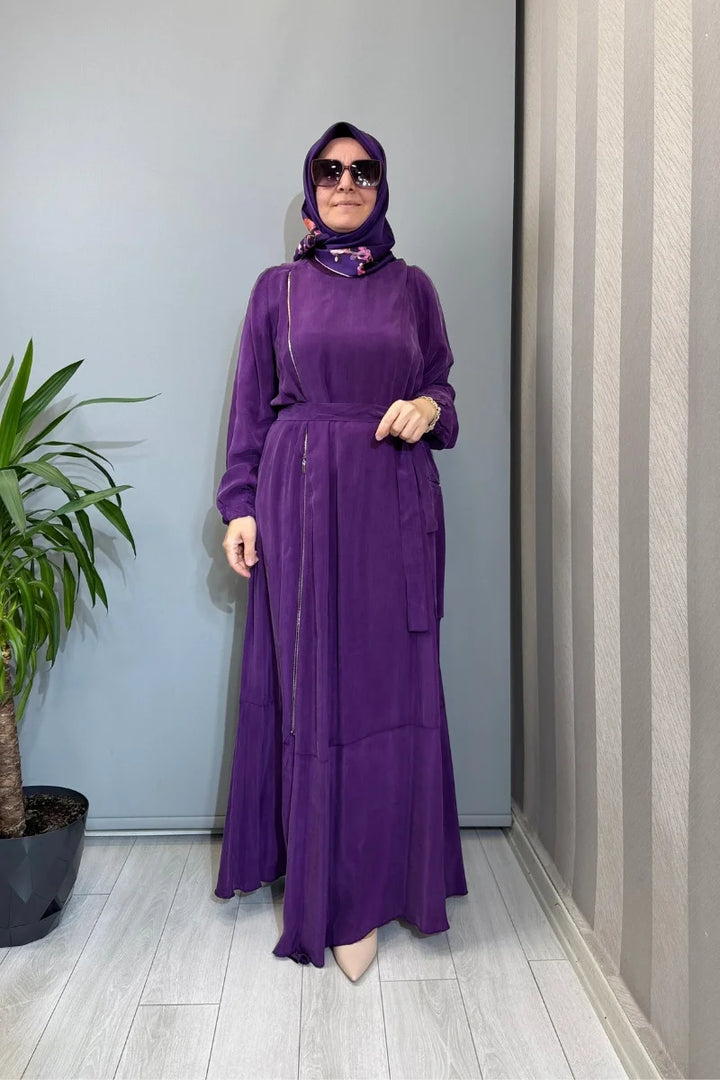 Misswhence Fermuar Detaylı Cupro İpek Elbise 39809 - Mor - Görsel 1 