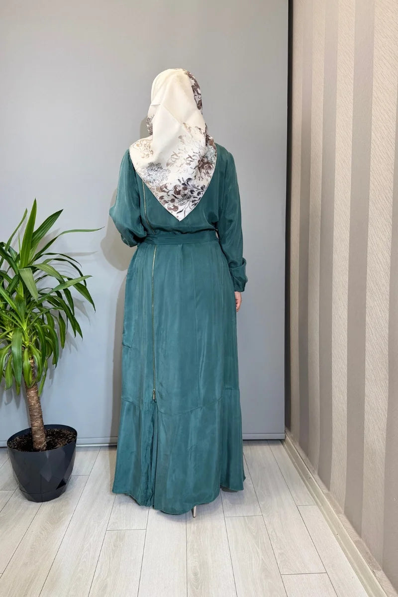 Misswhence Fermuar Detaylı Cupro İpek Elbise 39809 - Yeşil - Görsel 3 