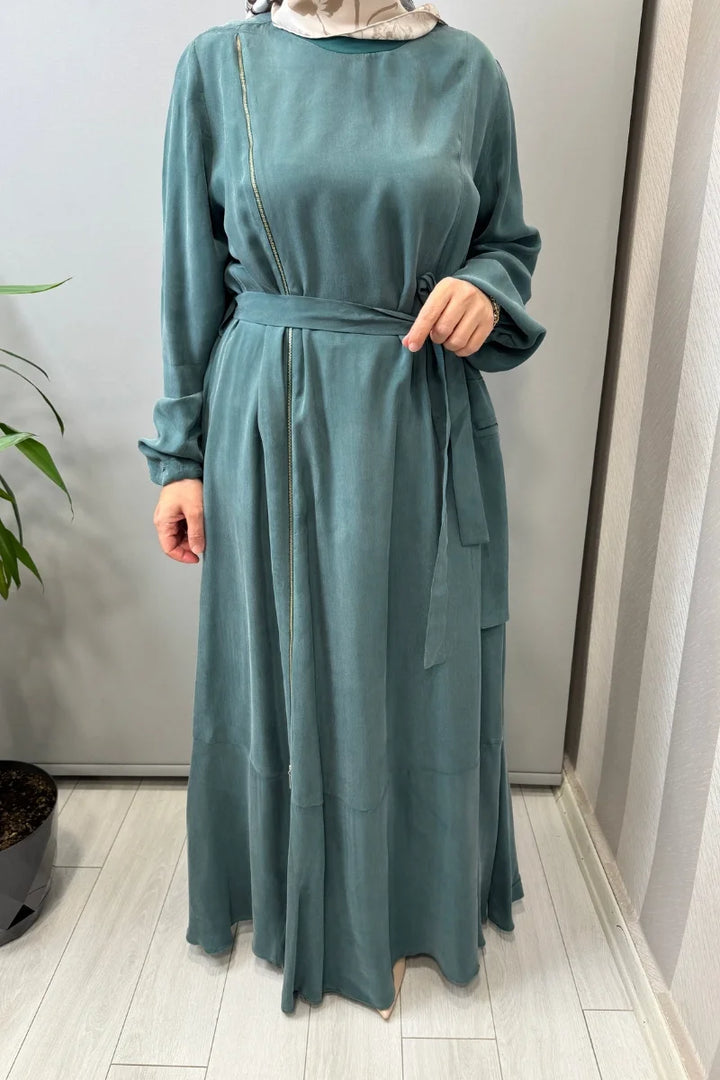 Misswhence Fermuar Detaylı Cupro İpek Elbise 39809 - Yeşil - Görsel 4 