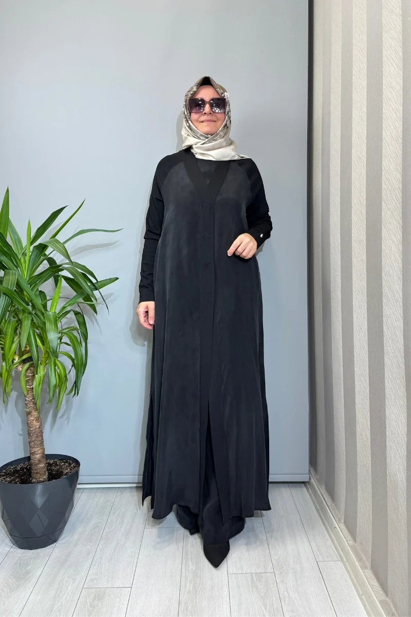 Miss Dalida Triko Detaylı V Yaka Cupro Kap T26Y- 9000 - Siyah - Görsel 1 #renk_siyah