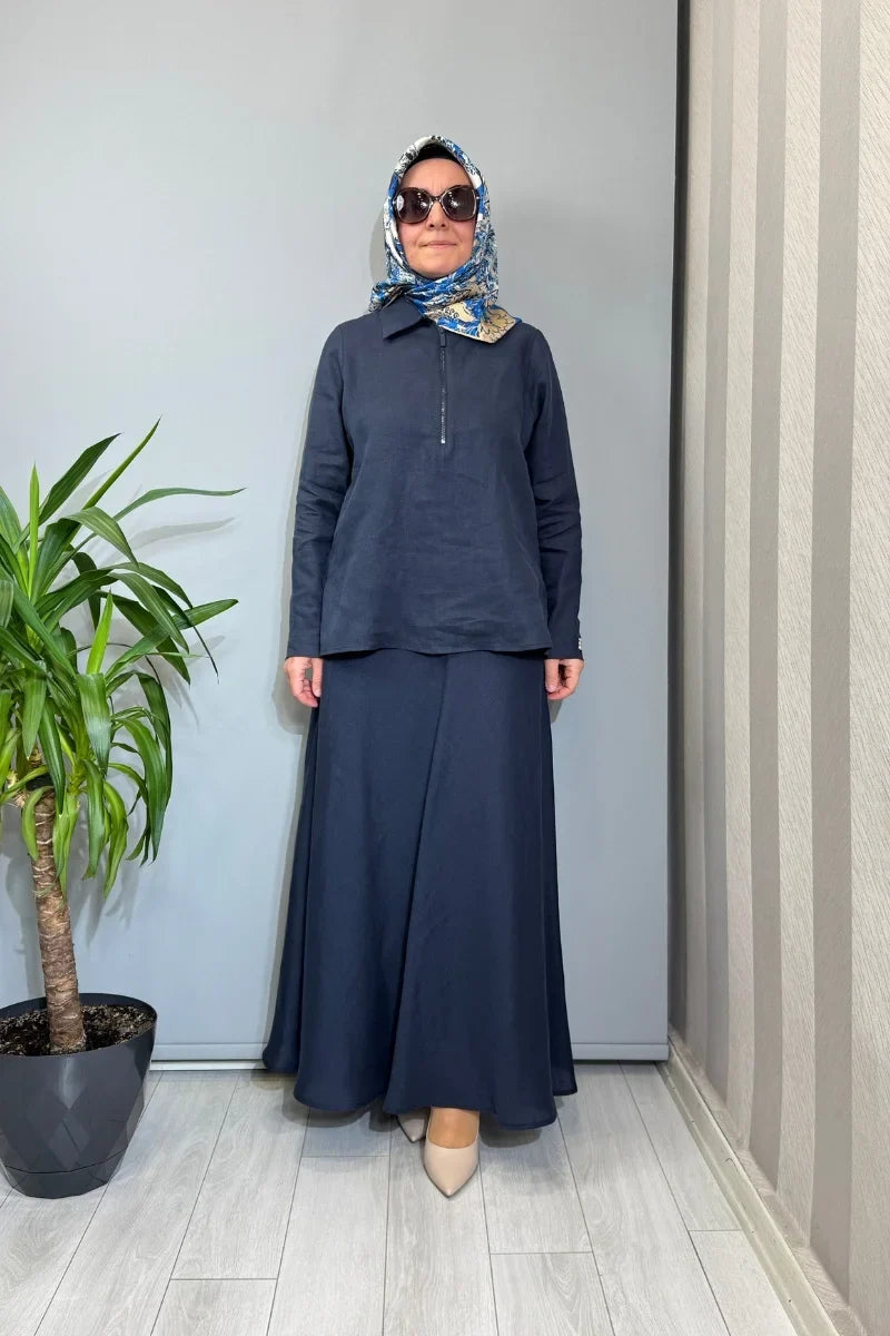 Miss Dalida Etek-Gömlek Keten Takım Kırmızı 2262258- 2266255 - Lacivert - Görsel 1 