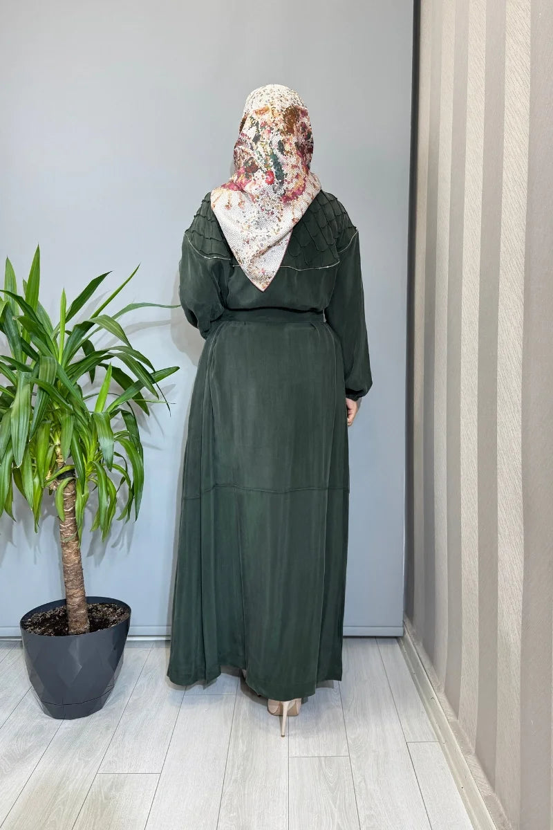 Misswhence Nervür ve Fermuar Detaylı Cupro İpek Pardesü 39505 - Yeşil - Görsel 3 