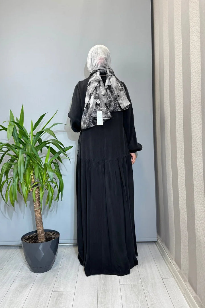Misswhence Nakış ve Şal Detaylı Cupro İpek Elbise 39820 - Siyah - Görsel 3 