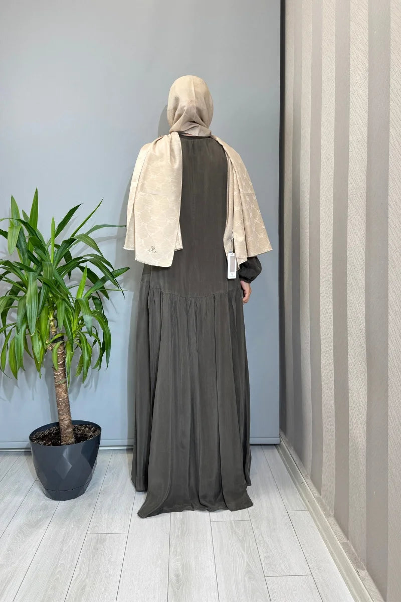 Misswhence Nakış ve Şal Detaylı Cupro İpek Elbise 39820 - Haki - Görsel 3 