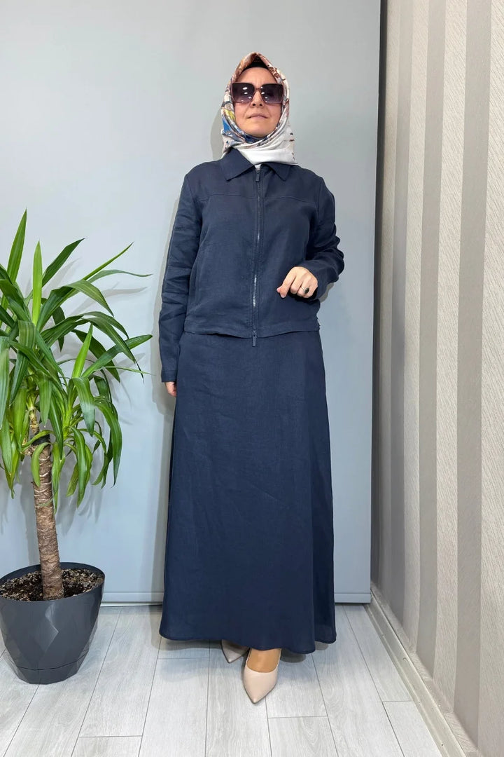 Miss Dalida Beli Lastikli A Kesim Düz Renk Keten Etek 2262253 - Lacivert - Görsel 2 