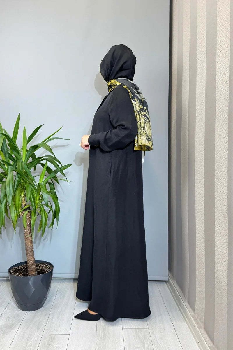 Miss Dalida Gömlek Yaka İpek Keten Uzun Elbise 2264351 - Siyah - Görsel 2 #renk_siyah