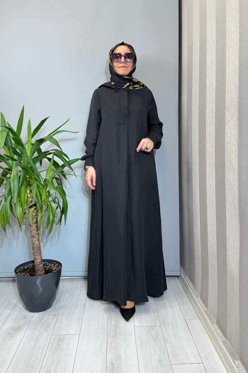 Miss Dalida Gömlek Yaka İpek Keten Uzun Elbise 2264351 - Siyah - Görsel 1 #renk_siyah