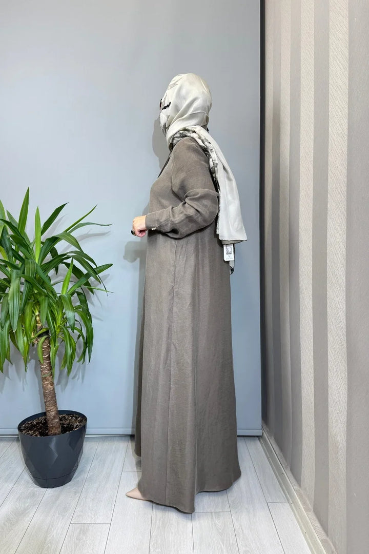 Miss Dalida Gömlek Yaka İpek Keten Uzun Elbise 2264351 - Vizon - Görsel 2 
