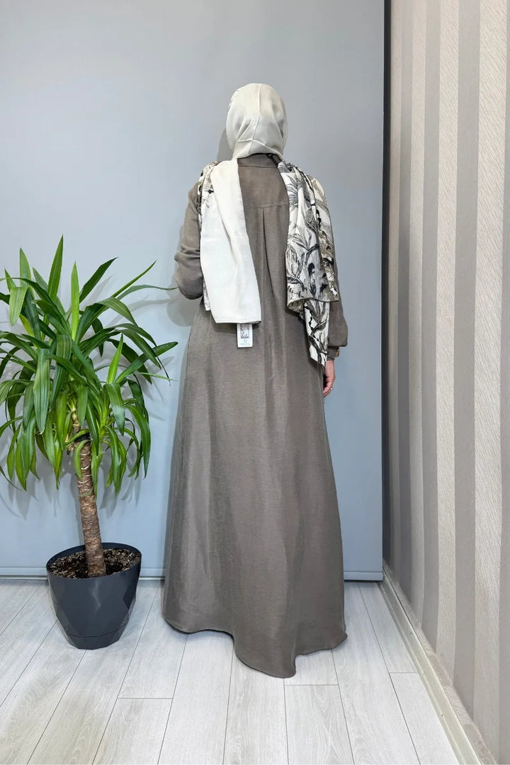 Miss Dalida Gömlek Yaka İpek Keten Uzun Elbise 2264351 - Vizon - Görsel 3 