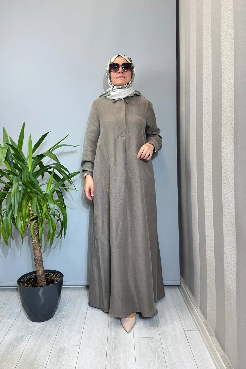 Miss Dalida Gömlek Yaka İpek Keten Uzun Elbise 2264351 - Vizon - Görsel 1 