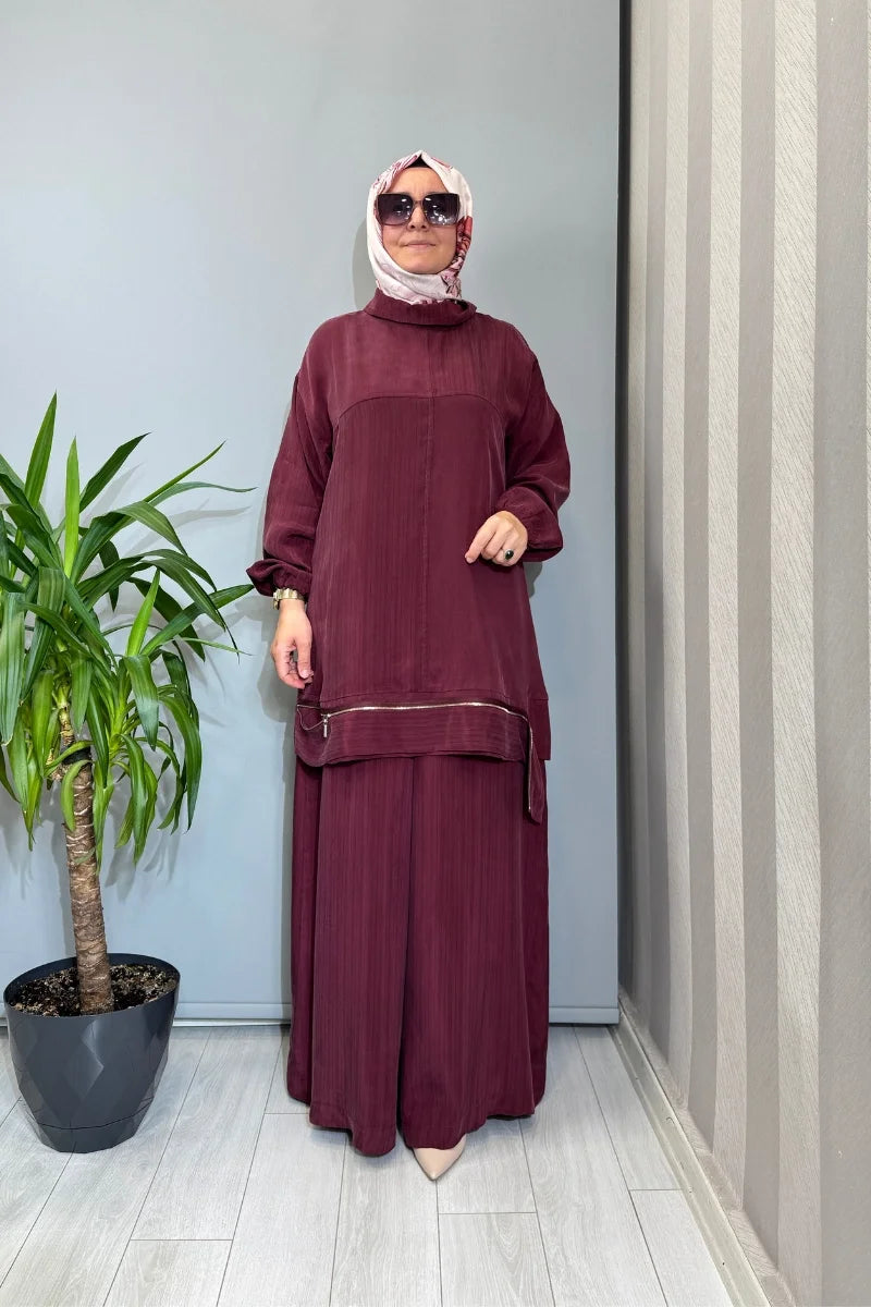 Misswhence Fermuar Detaylı Cupro İpek Takım 39009 - Bordo - Görsel 1 