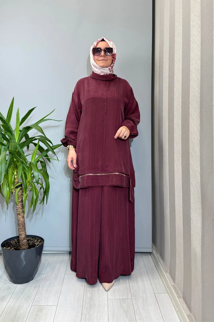 Misswhence Fermuar Detaylı Cupro İpek Takım 39009 - Bordo - Görsel 1 