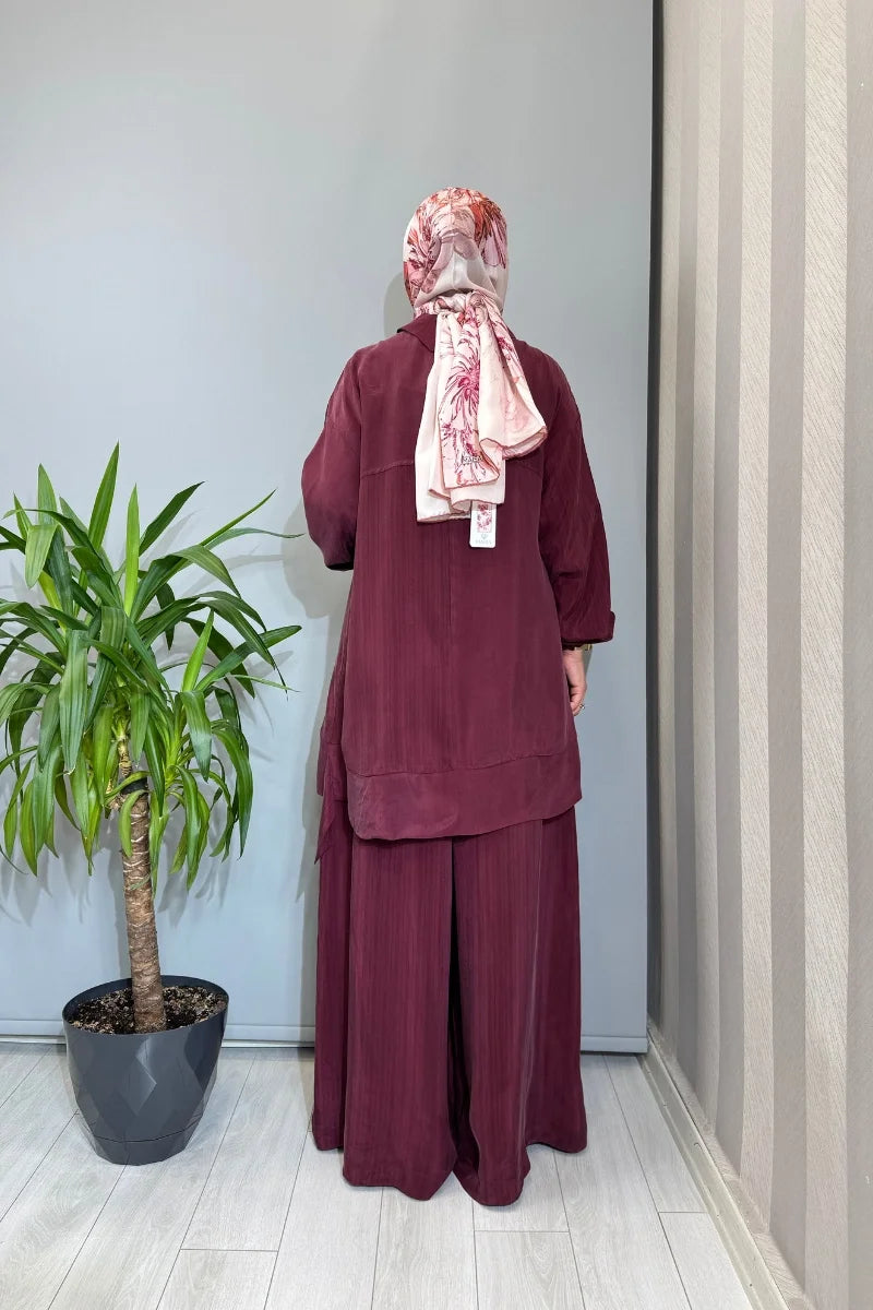 Misswhence Fermuar Detaylı Cupro İpek Takım 39009 - Bordo - Görsel 3 