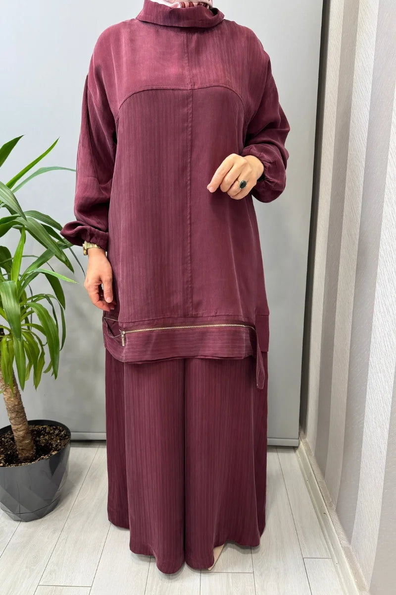 Misswhence Fermuar Detaylı Cupro İpek Takım 39009 - Bordo - Görsel 4 