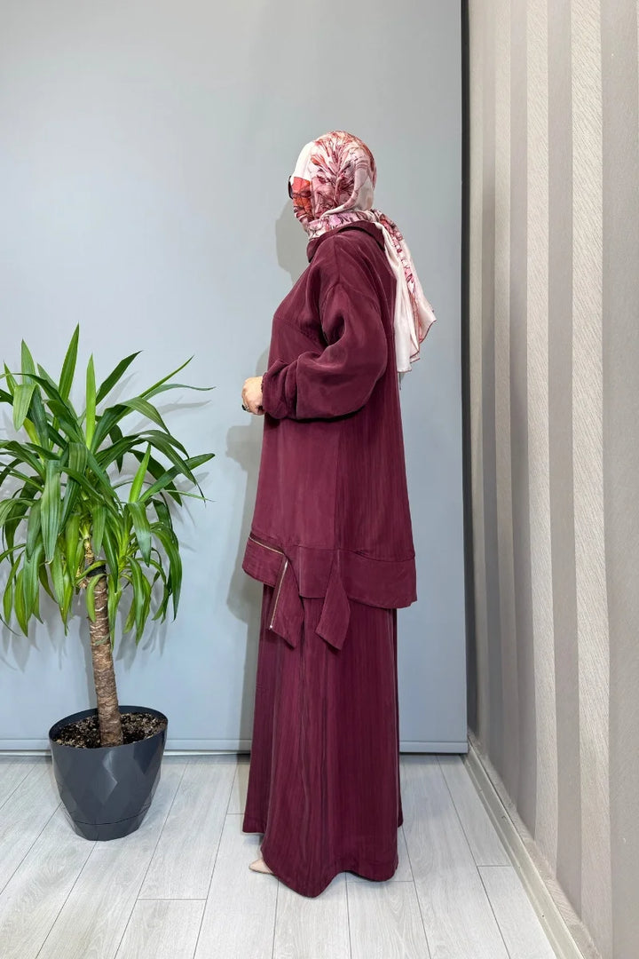Misswhence Fermuar Detaylı Cupro İpek Takım 39009 - Bordo - Görsel 2 