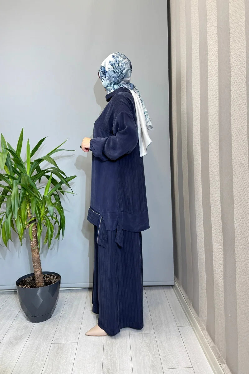 Misswhence Fermuar Detaylı Cupro İpek Takım 39009 - Lacivert - Görsel 2 
