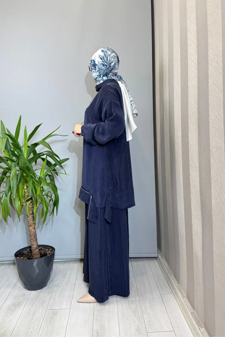 Misswhence Fermuar Detaylı Cupro İpek Takım 39009 - Lacivert - Görsel 2 