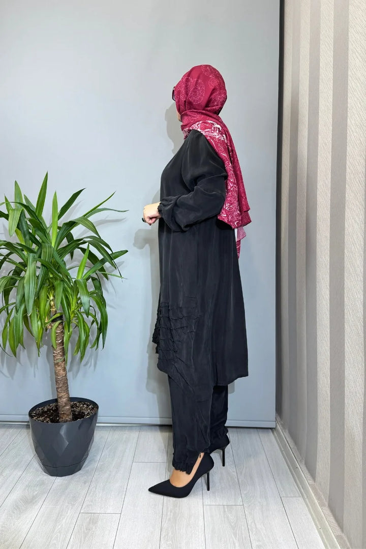 Misswhence Paçası Fermuarlı Cupro İpek Takım 39018 - Siyah - Görsel 2 