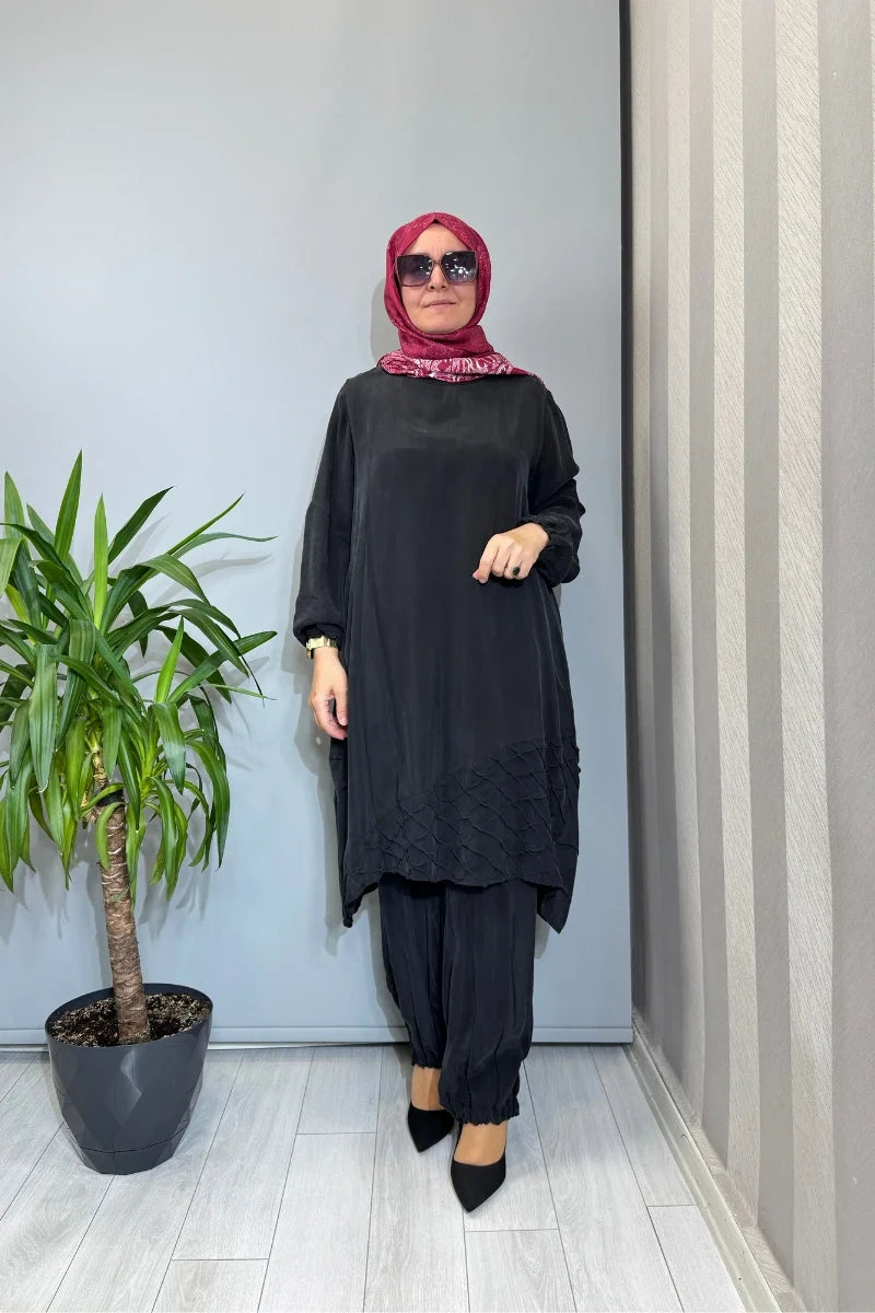 Misswhence Paçası Fermuarlı Cupro İpek Takım 39018 - Siyah - Görsel 1 