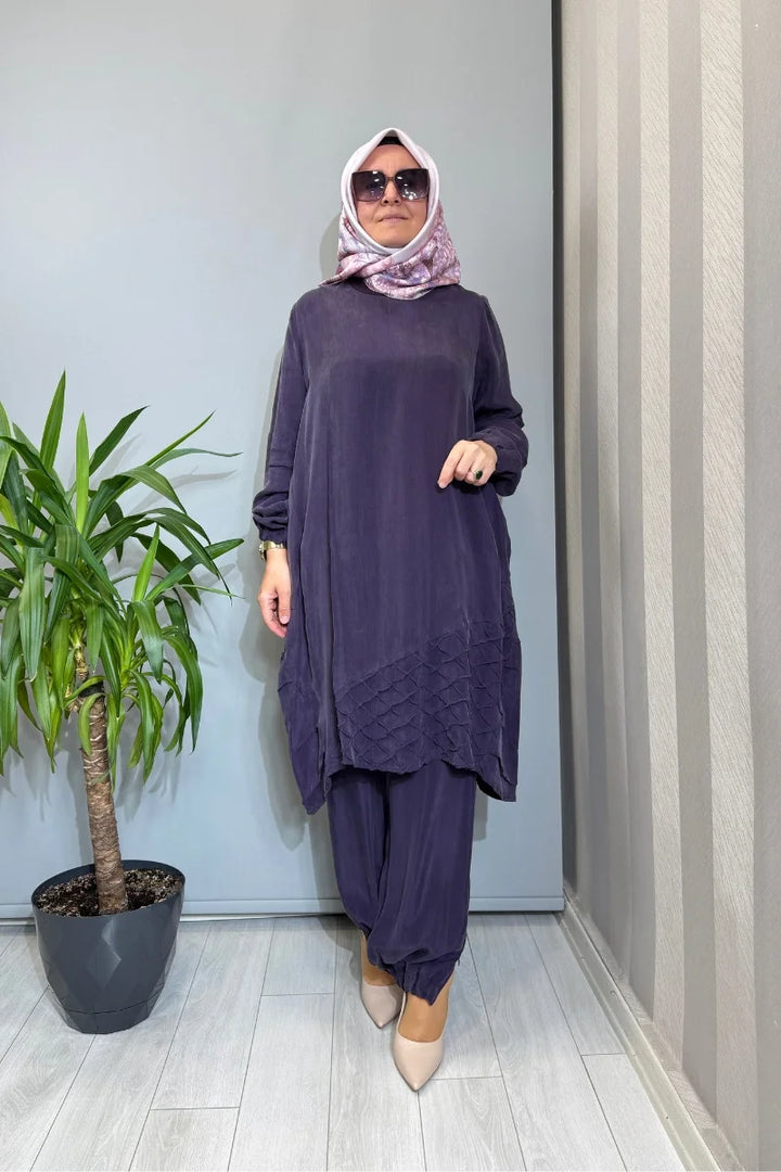 Misswhence Paçası Fermuarlı Cupro İpek Takım 39018 - Mor - Görsel 1 