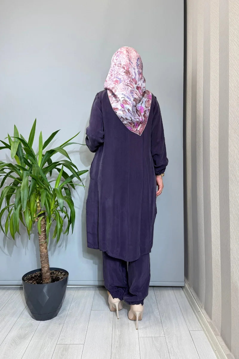 Misswhence Paçası Fermuarlı Cupro İpek Takım 39018 - Mor - Görsel 3 